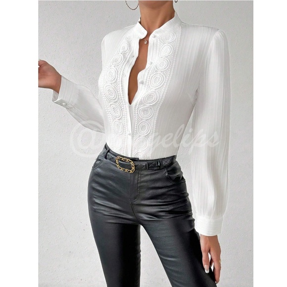 White Embroidered Lace Button Down French Style Shirt Long Sleeve - Picture 4 of 11